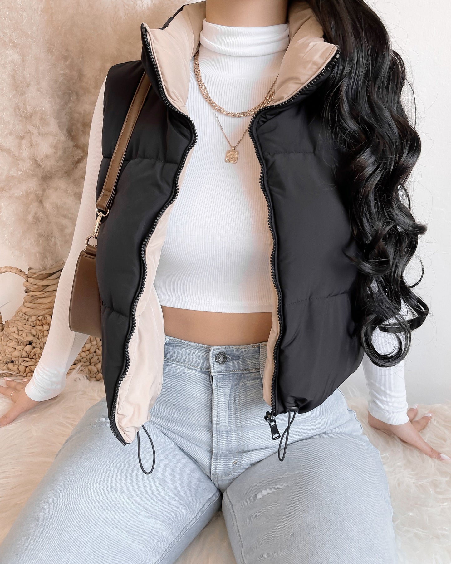 REVERSIBLE!! GIVE YOU CHILLS PUFFER VEST (IVORY/MUSTARD)