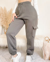 SELENE FLEECE LINED CARGO SWEAT PANTS JOGGERS (DARK GREY)