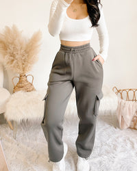 SELENE FLEECE LINED CARGO SWEAT PANTS JOGGERS (DARK GREY)