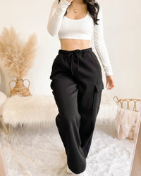 GWEN FLEECE LINED STRAIGHT LEG CARGO PANTS (BLACK)