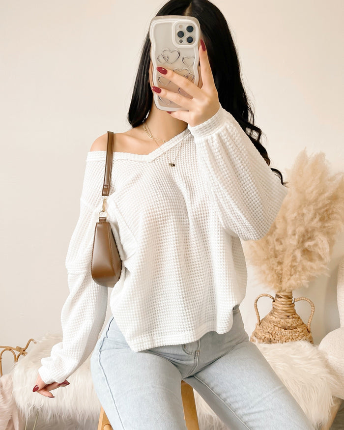 KAYLA WAFFLE KNIT TOP (IVORY)