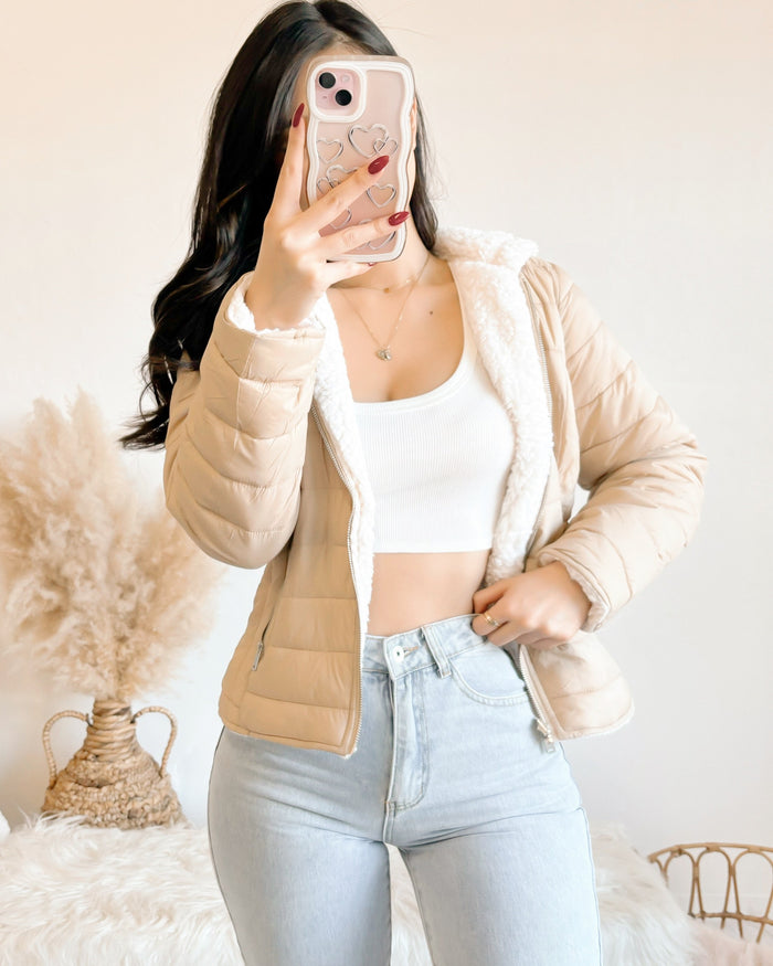 REVERSIBLE!! KEEP ME WARM SHERPA LINED PUFFER JACKET (KHAKI)