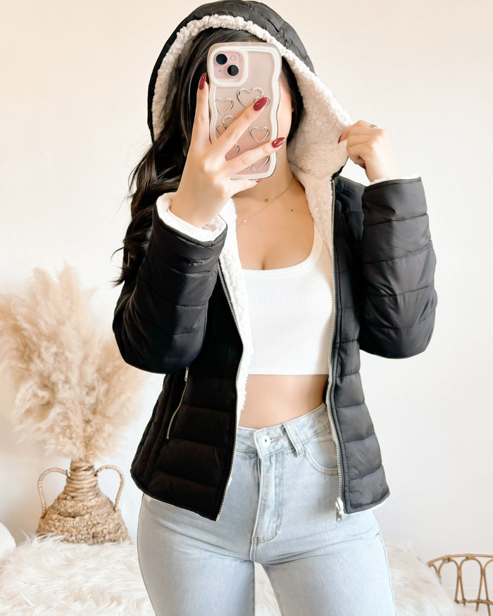 REVERSIBLE!! KEEP ME WARM SHERPA LINED PUFFER JACKET (BLACK)