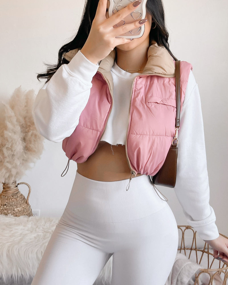 RESTOCKED! REVERSIBLE!! ALISON PUFFER VEST (TAUPE/PINK)