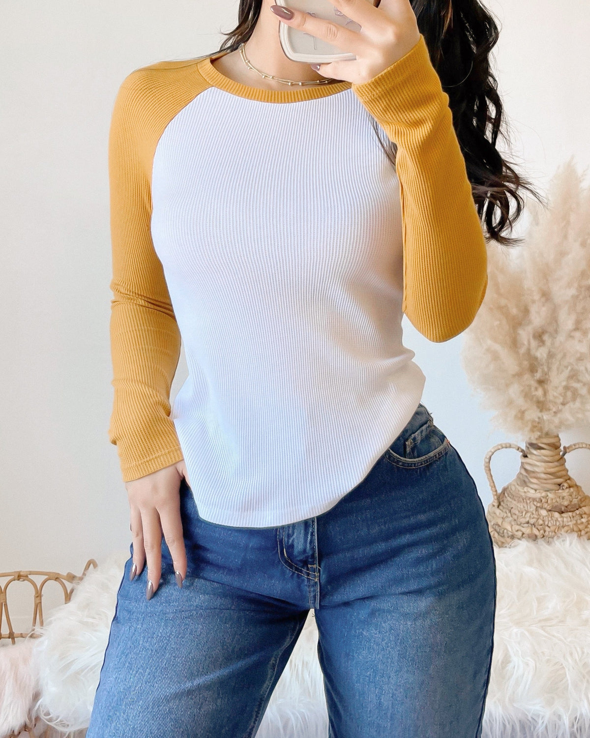 RESTOCKED! AALIYAH WAFFLE KNIT RAGLAN BASEBALL TOP (MUSTARD)