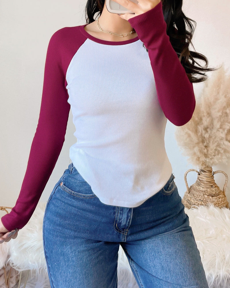 RESTOCKED! AALIYAH WAFFLE KNIT RAGLAN BASEBALL TOP (DUSTY BLUE)
