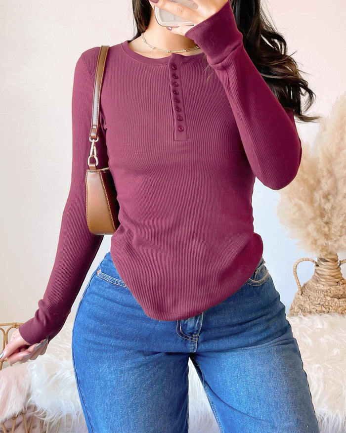 RESTOCKED! KEEP ME WARM WAFFLE KNIT THERMAL TOP (BURGUNDY)