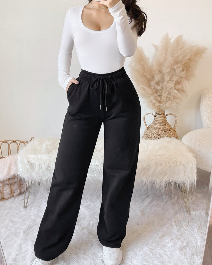 JORDYN FLEECE LINED STRAIGHT LEG SWEAT PANTS (BLACK)