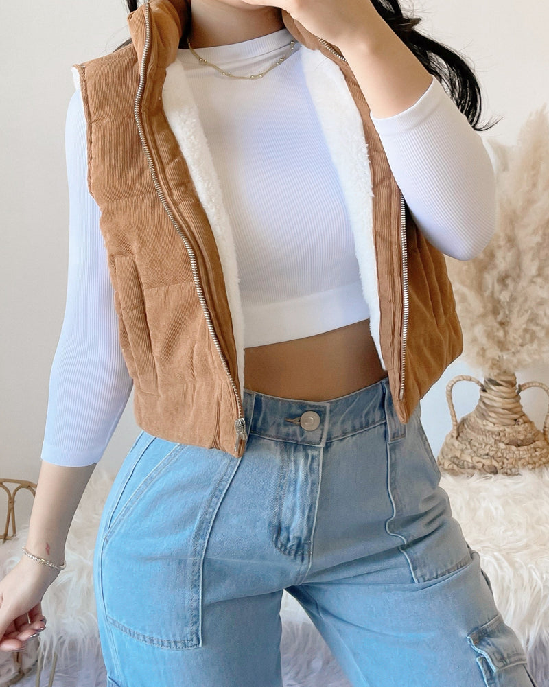 RESTOCKED! CABIN CUTIE FUR LINED CORDUROY PUFFER VEST (BLACK)