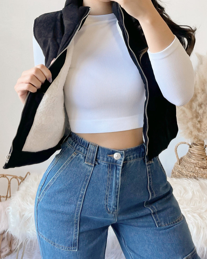 RESTOCKED! CABIN CUTIE FUR LINED CORDUROY PUFFER VEST (BLACK)