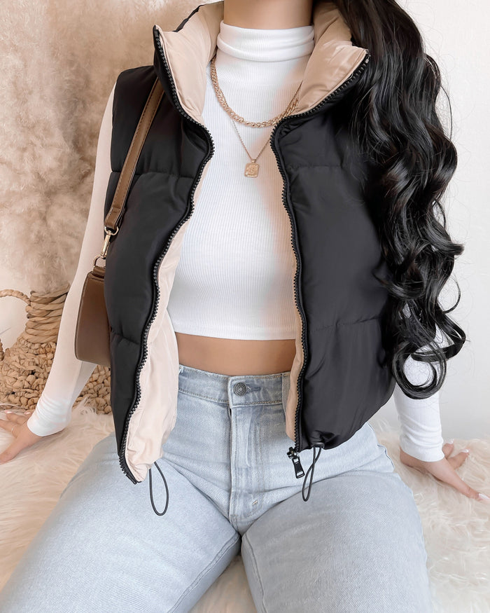 REVERSIBLE!! GIVE YOU CHILLS PUFFER VEST (BLACK/CREAM)